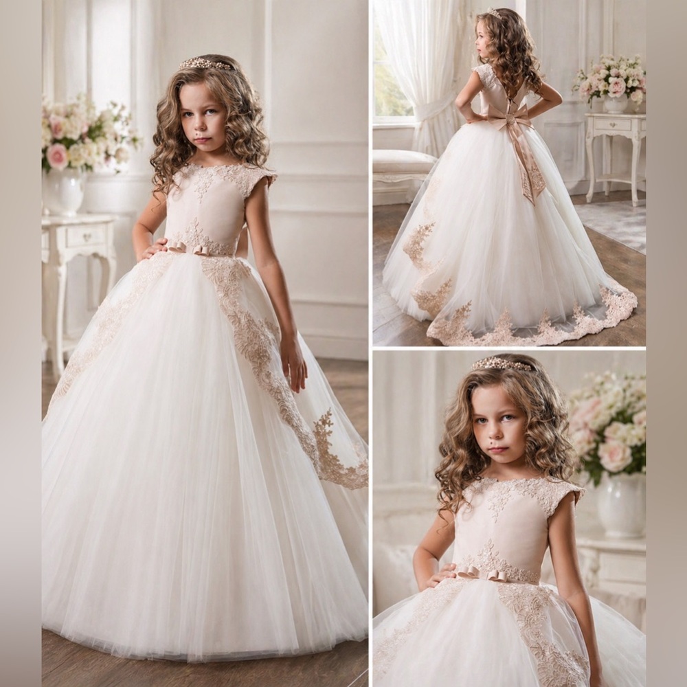 Girls Luxury Tulle Dress Ivory Flower Girl Princess Lace Formal Dress Wedding